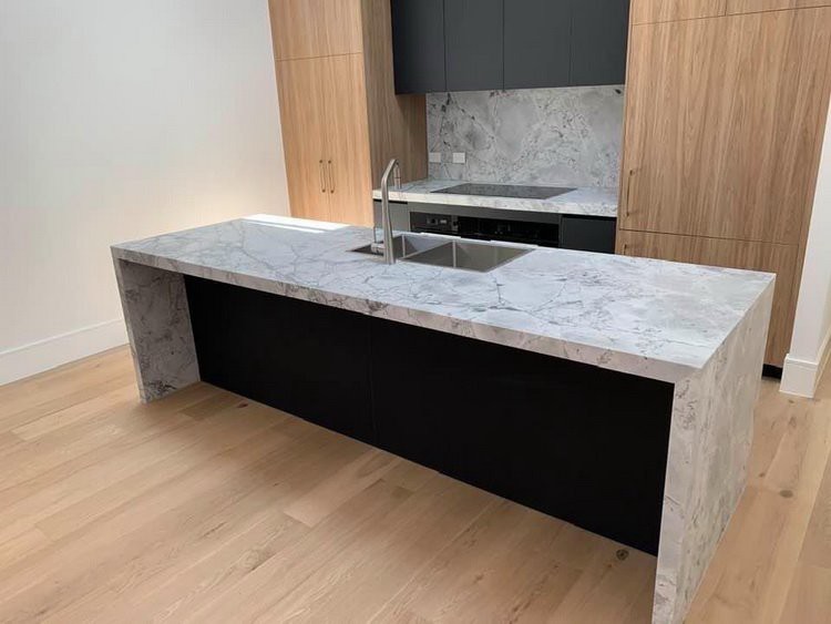 Super white quartzite kitchen island