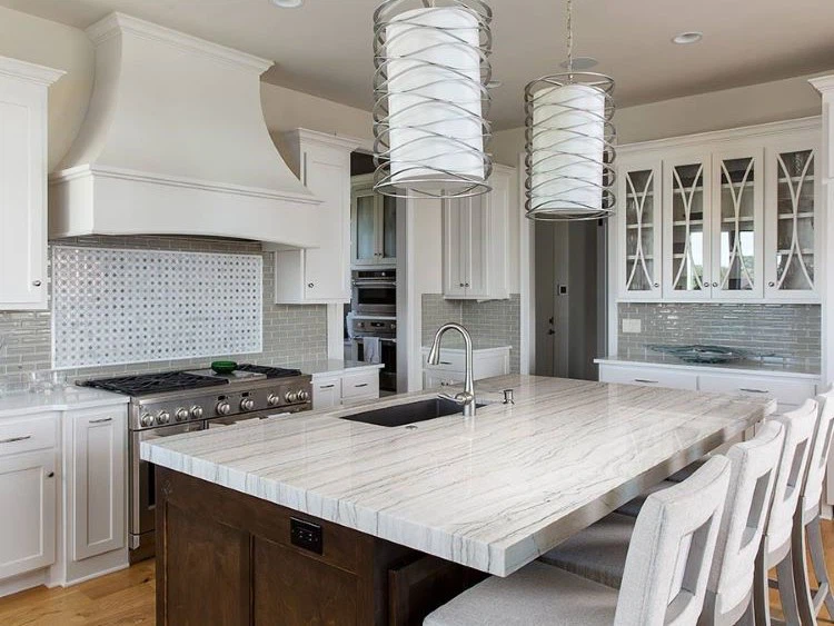 White Macaubas Quartzite counterop and table White Macaubas Quartzite counterop and table