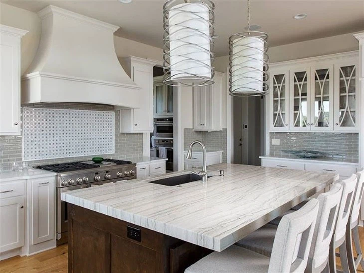 White Macaubas Quartzite counterop and table